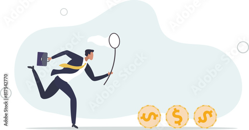 businessman investor run chasing try to catch high performance attractive dollar coin.flat vector illustration.