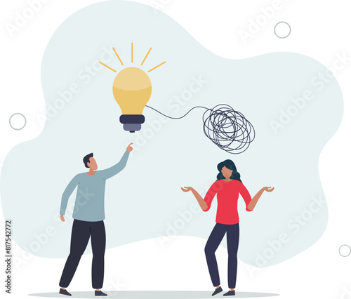 businessmen discussing work using creativity solving messy line into light bulb idea.flat vector illustration.