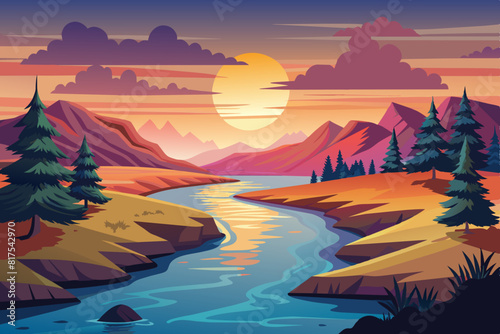 River landscape at sunset vector Illustration 
