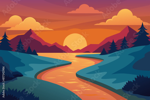 River landscape at sunset vector Illustration  