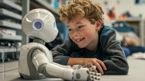 Smiling boy talking with ai robot while lying on floor in innovation lab  photo
