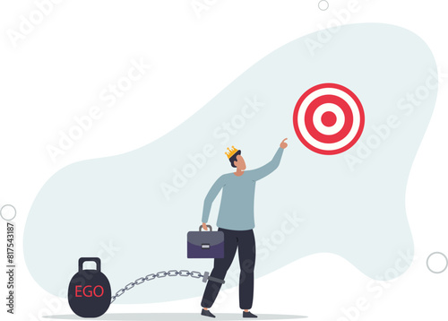 confidence businessman wear king crown chain with heavy EGO burden weight.flat vector illustration.