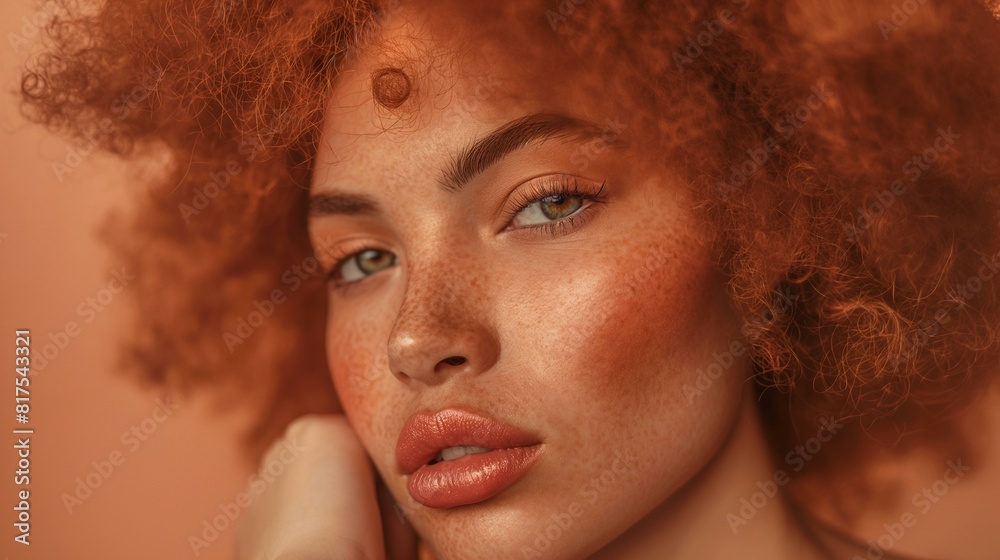 Close-Up Portrait of a Woman with Striking Peach Afro Hair and Freckles Close-Up Portrait of a Woman with Striking Peach Afro Hair and Freckles
