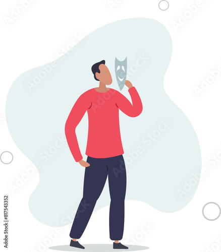 businessman holding smiling mask thinking about being or acting like another person.flat vector illustration.