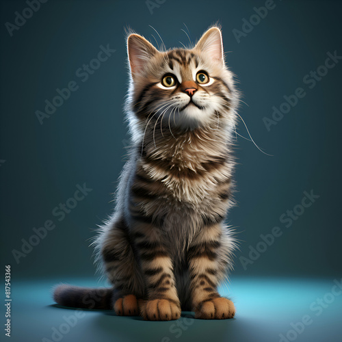 Cute tabby maine coon cat sitting on blue background