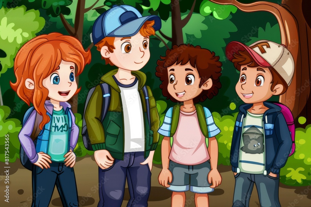 Group of boys and girls with backpack in the forest background illustration. Group of boys and girls with backpack in the forest background illustration.