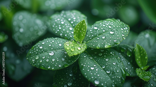 “Close-Up Of Fresh Green Leaves With Sparkling Dew Drops In The Morning Light