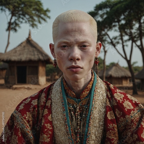 A person with albinism in traditional clothing in a cultural setting.