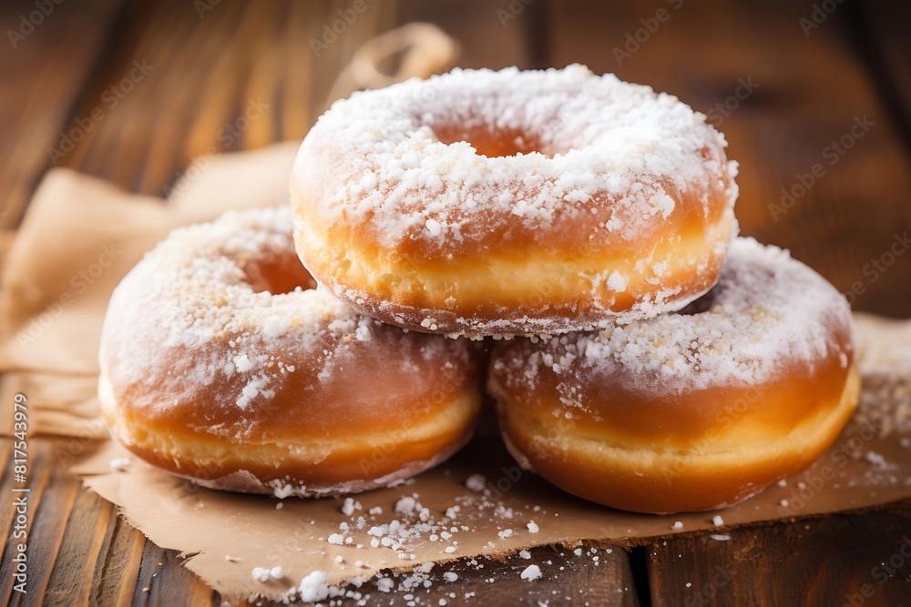 Donuts on wooden background. Donuts food.