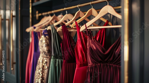 Sophisticated midi dress in rich jewel tones, hanging on a brass clothing rack in a luxurious walk-in closet, offering timeless elegance and refined style for formal events and special occasions.