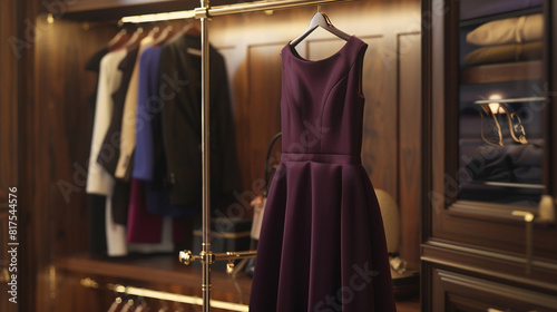 Midi dress in rich jewel tones, hanging on a brass clothing rack in a luxurious walk-in closet, offering timeless elegance and refined style for formal events and special occasions.