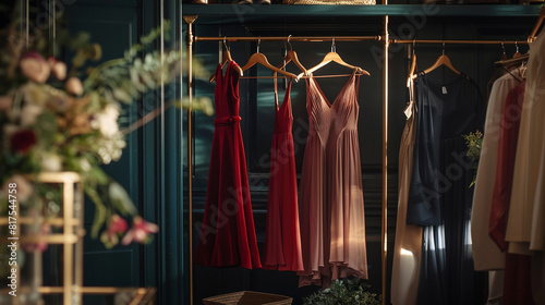A sophisticated midi dress in rich jewel tones, hanging on a brass clothing rack in a luxurious walk-in closet, offering timeless elegance and refined style for formal events