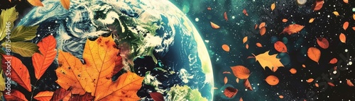 Earth with autumn leaves floating in space representing environmental change