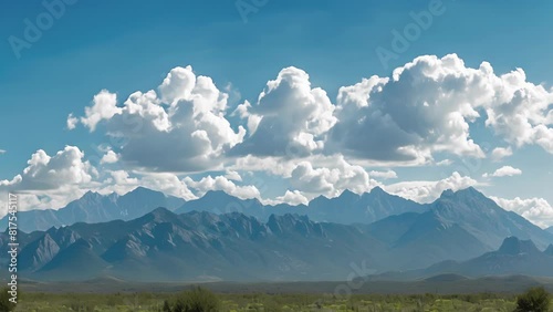 In the distance a row of jagged mountain peaks is crowned with a line of lensshaped clouds. photo