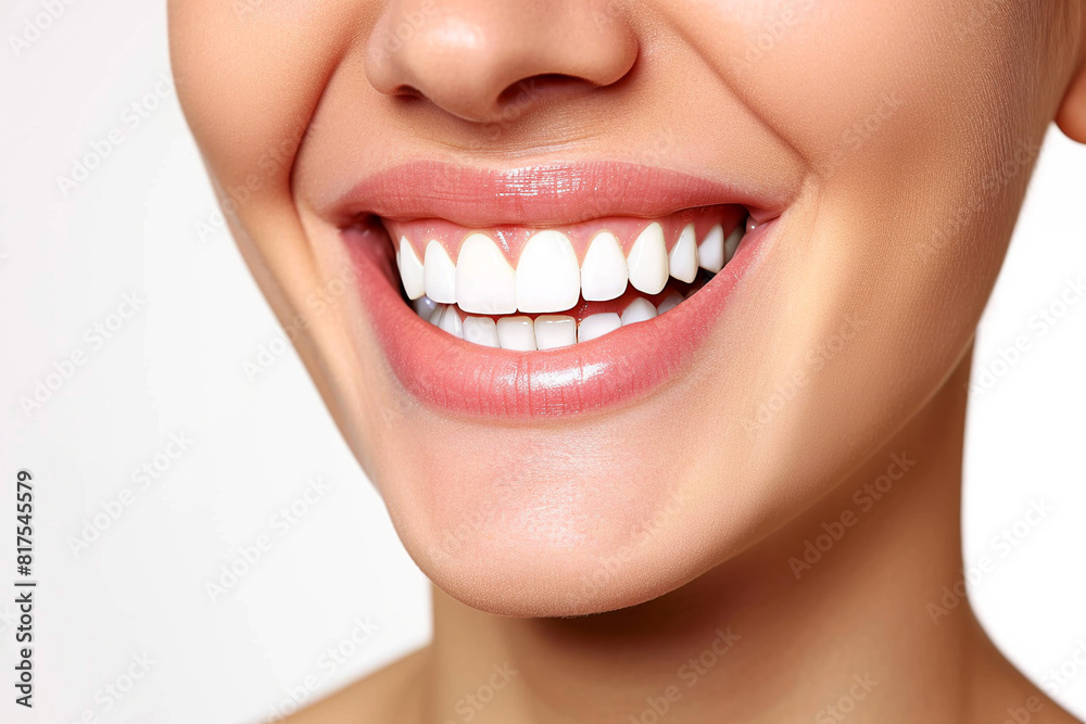 Female smile with white healthy teeth on white background. Laughing girl face Female smile with white healthy teeth on white background. Laughing girl face