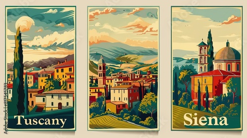 Set of "Italy" Travel Destination Posters in retro style. "Siena", "Tuscany" digital prints. European summer vacation, holidays concept. Vintage vector colorful illustrations.