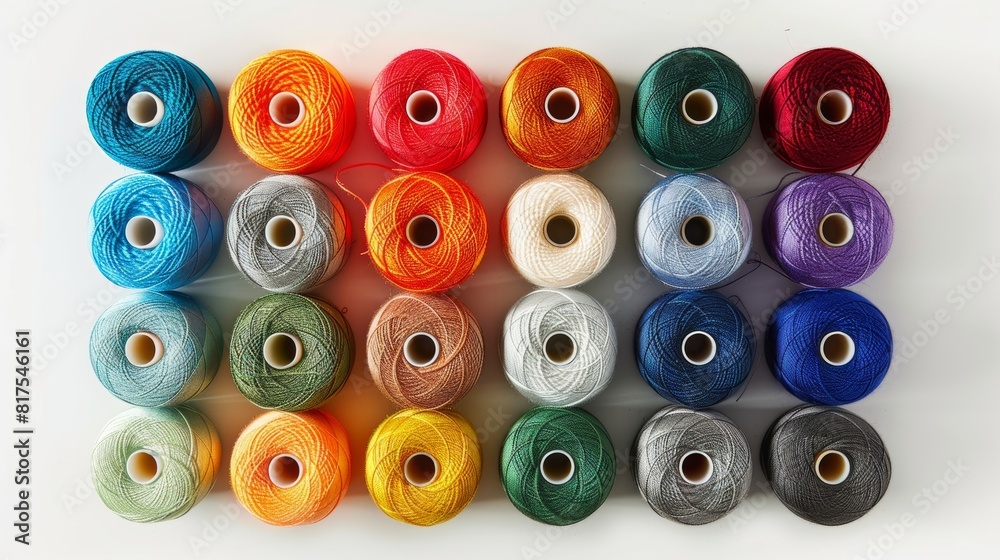 Fototapeta premium Top view of a tailor's colorful thread collection, each spool perfectly aligned for a visually pleasing layout, isolated with studio lighting