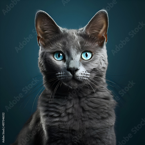 Portrait of a gray cat with blue eyes on a blue background