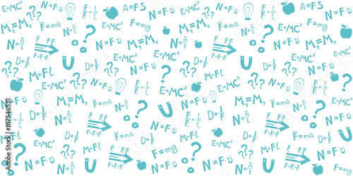 Higher education and studying online concept. Physics. Icons and formulas set. School test or lab. Hand drawn doodle symbols.  Magnetism, Mechanics. Science Light background. Physics formula
