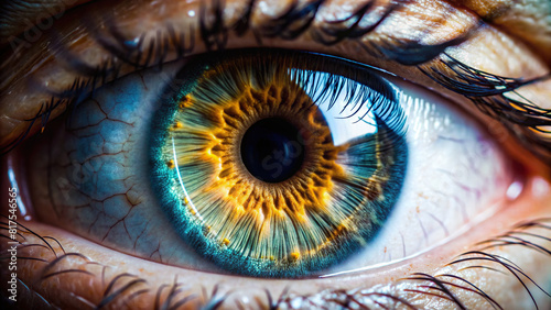 A close-up shot of a human eye  showcasing intricate details of the iris and pupil.