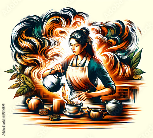 Illustration of person preparing tea among teapots and cups set against warm toned backdrop.