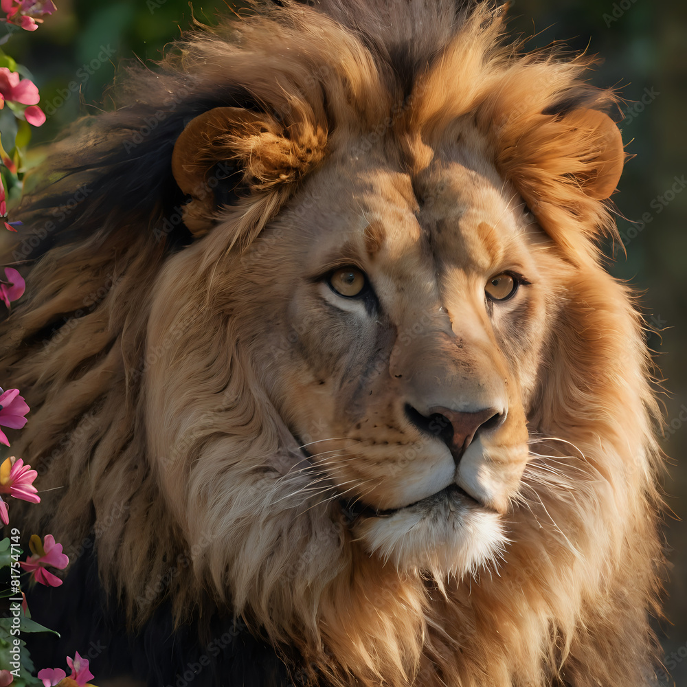 a male lion with a bushy mane