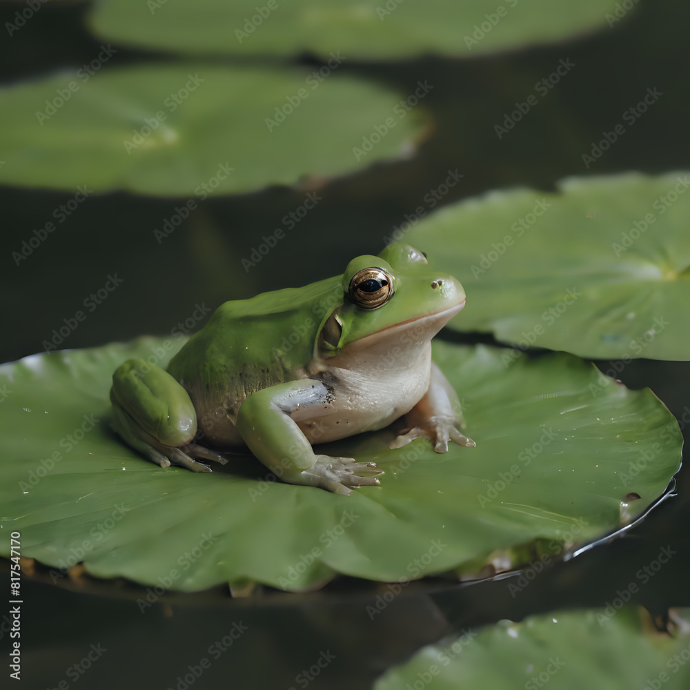 a green frog sitting on a lily pad. a green frog sitting on a lily pad.