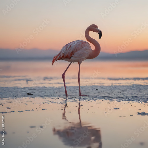 flamingo in the salt flats at sunset