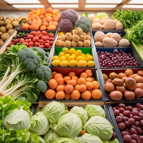 fruit and vegetables close-up of the vibrant produce section in Marks and Spencer Food store,