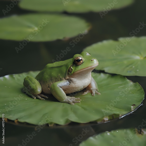 a green frog sitting on a lily pad.