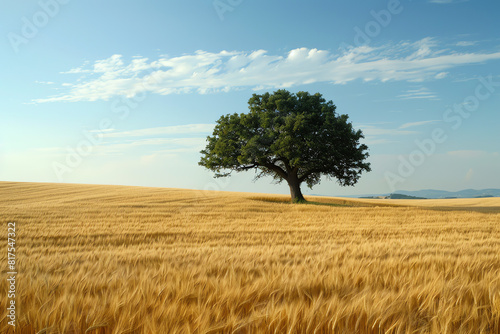 A solitary tree stands in a golden wheat field under a clear blue sky on a sunny day