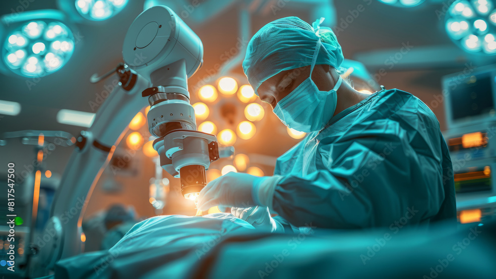 Doctor Performing Surgery with Robotic Assistance in Advanced Operating Room for Enhanced Precision and Safety