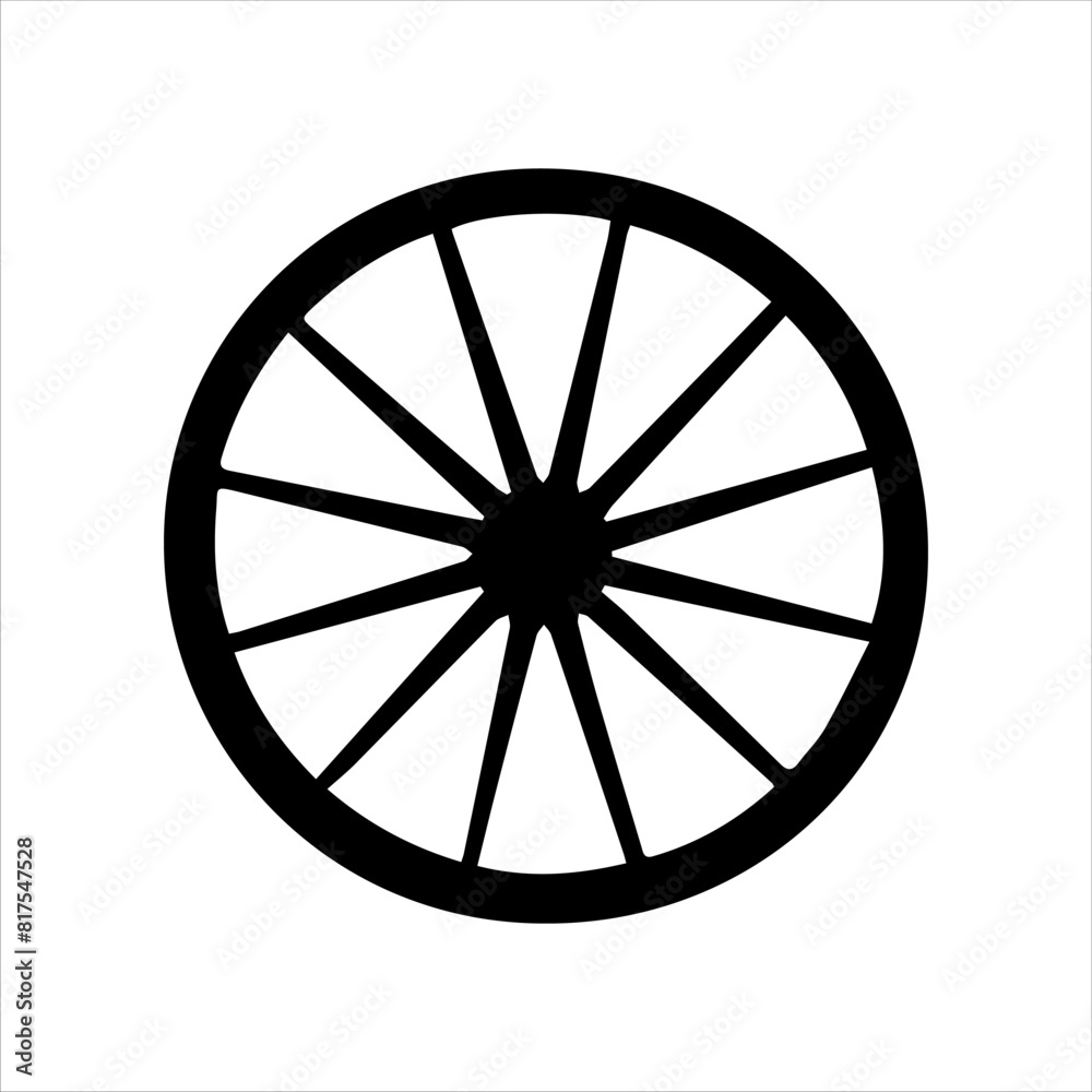 Wagon wheel silhouette isolated on white background. Black wagon wheel icon vector illustration.