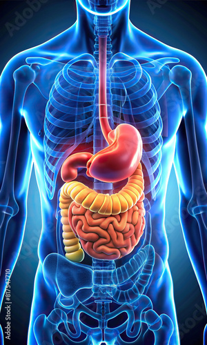 Close-up view of a human stomach, emphasizing the gastric folds, pylorus, and gastric glands. photo