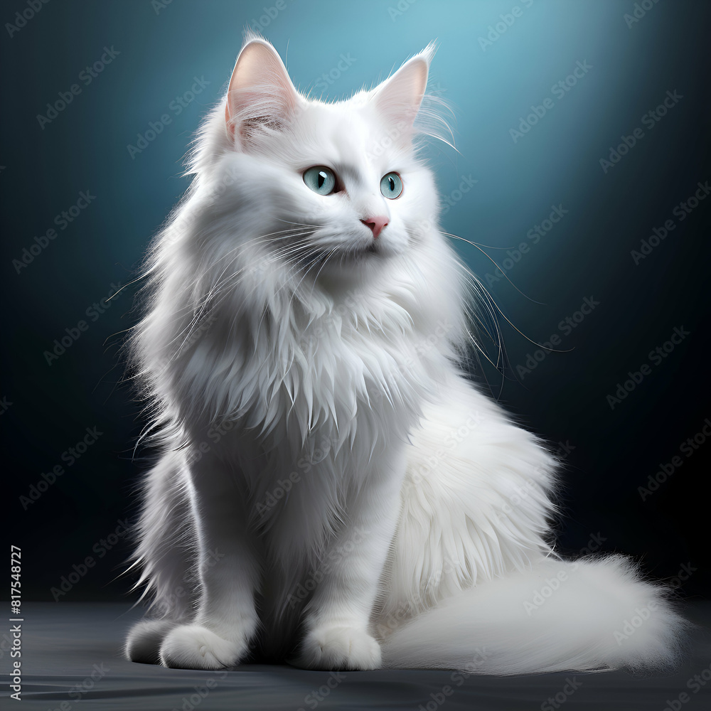 White cat with blue eyes on a dark background. 3d rendering