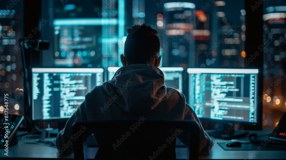 A programmer working late at night in a high-rise office, surrounded by multiple computer screens displaying code. A programmer working late at night in a high-rise office, surrounded by multiple computer screens displaying code.