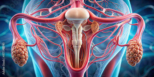 Close-up of a human reproductive system, emphasizing the ovaries, testes, and fallopian tubes. photo