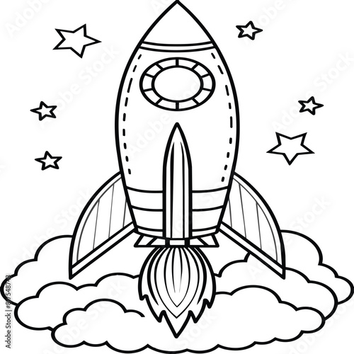 Space rocket in the sky with stars and clouds Vector illustration. Rocket coloring pages.