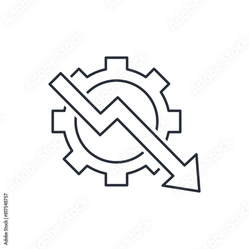 Gear and down arrow. Decrease in activity, productivity, profitability. Vector linear icon isolated on white background.