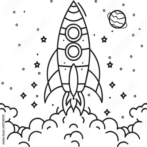 Space rocket in the sky with stars and clouds Vector illustration. Rocket coloring pages.