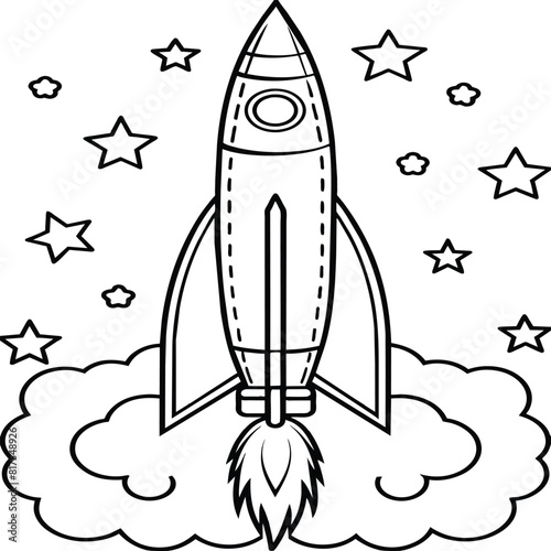 Space rocket in the sky with stars and clouds Vector illustration. Rocket coloring pages.