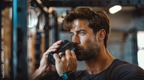 Man drinking from a cup during workout at the gym, focusing on rehydrating and maintaining peak physical condition.