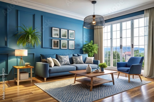 Blue wall living room 3D render interior