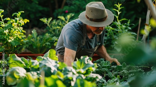 Growth vegetable garden summer green color, man in hat tending his garden. copy space for text.