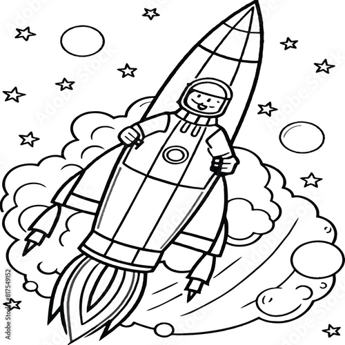 Space rocket in the sky with stars and clouds Vector illustration. Rocket coloring pages.