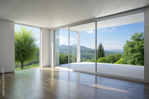 Minimal style modern white empty room with open sliding door to terrace 3d render overlooking nature view background