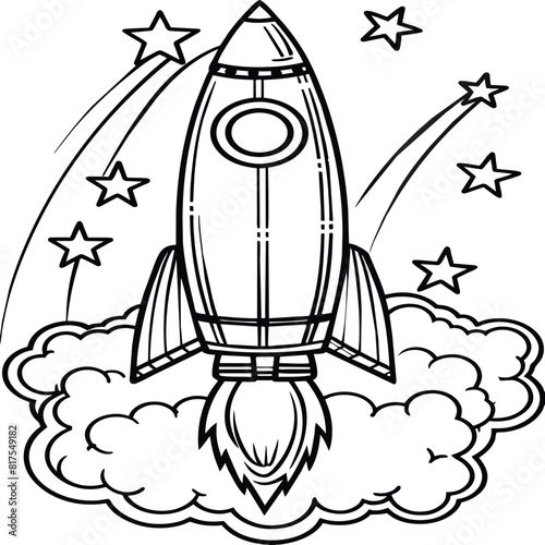 Space rocket in the sky with stars and clouds Vector illustration. Rocket coloring pages.