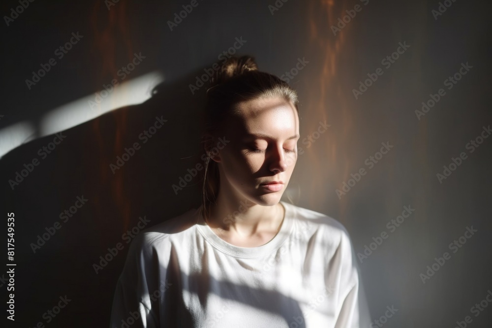 A lonely Young Sad Calm Girl Or Woman stands against a white wall, in a psychiatric clinic or at home, in the rays of sunlight, with her eyes closed A lonely Young Sad Calm Girl Or Woman stands against a white wall, in a psychiatric clinic or at home, in the rays of sunlight, with her eyes closed
