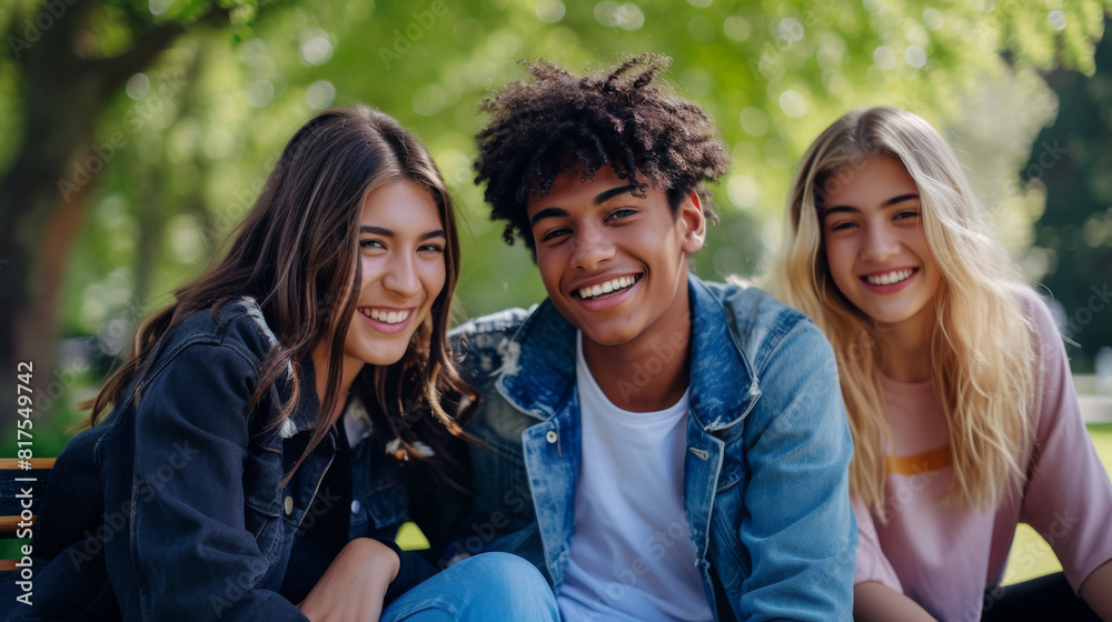 Group of three college friends smiling and laughing together as they pose for a picture Group of three college friends smiling and laughing together as they pose for a picture
