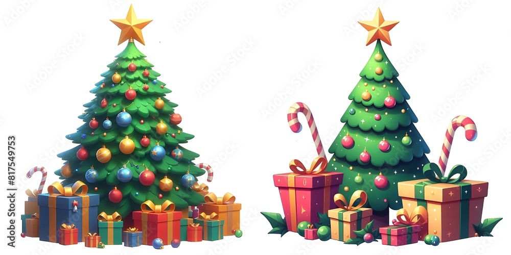 Christmas tree with star on top and gift boxes on a white background Christmas tree with star on top and gift boxes on a white background
